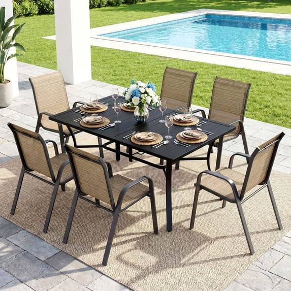 TLSUNNY Outdoor Dining Table and 6 Chairs Set, W/ Adjustable Umbrella Hole, Stackable Chairs, for All Weather Garden, Party, Backyard