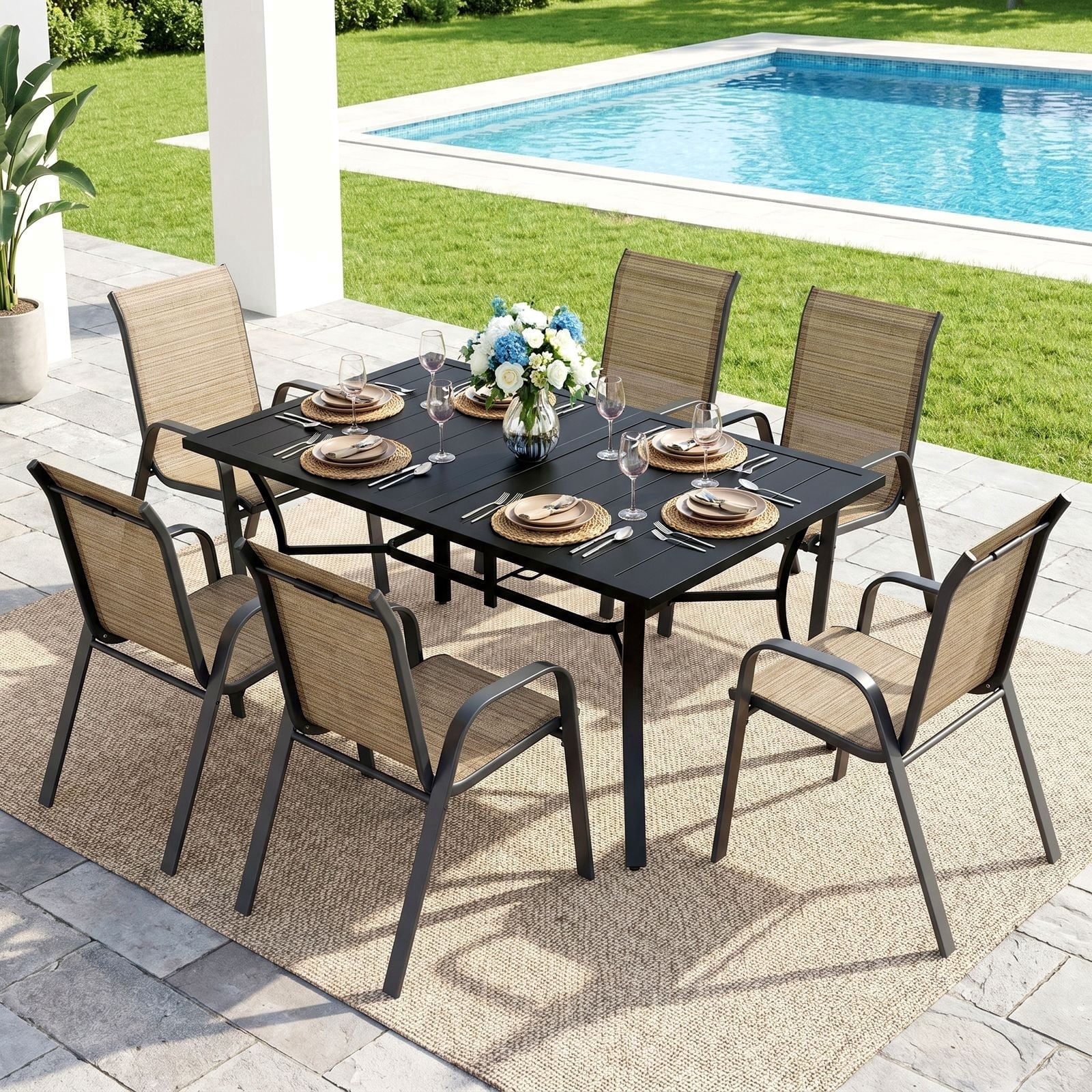 TLSUNNY Outdoor Dining Table and 6 Chairs Set, W/ Adjustable Umbrella Hole, Stackable Chairs, for All Weather Garden, Party, Backyard