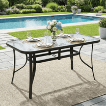 TLSUNNY Outdoor Dining Table with Umbrella Hole, Rectangular Glass Patio Table, Outdoor Metal Furniture for Outside, Garden, Balcony, Black