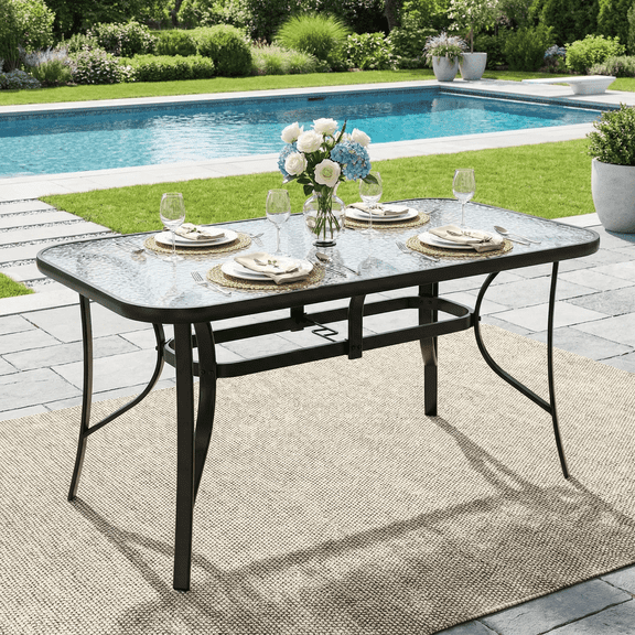 TLSUNNY Outdoor Dining Table with Umbrella Hole, Rectangular Glass Patio Table, Outdoor Metal Furniture for Outside, Garden, Balcony, Black