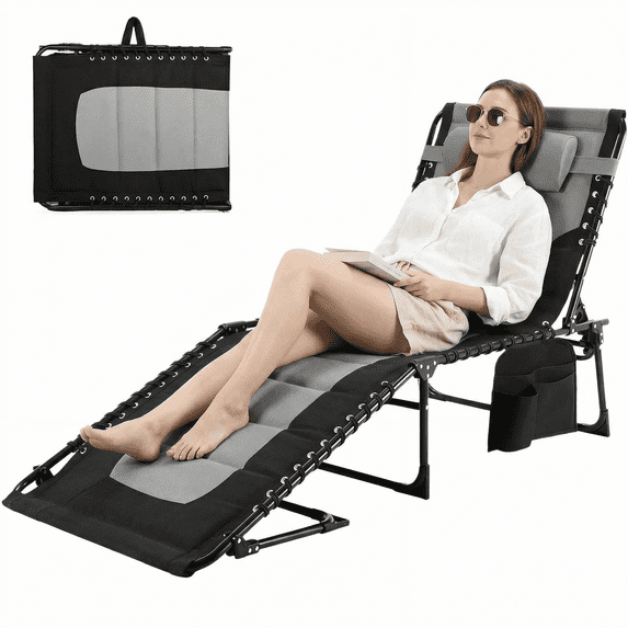 TLSUNNY Outdoor Padded Lounge Chair, Portable Adjustable Back & Leg Folding Chaise W/ Pillow, Side Pocket, Carrying Handle, for Patio, Office