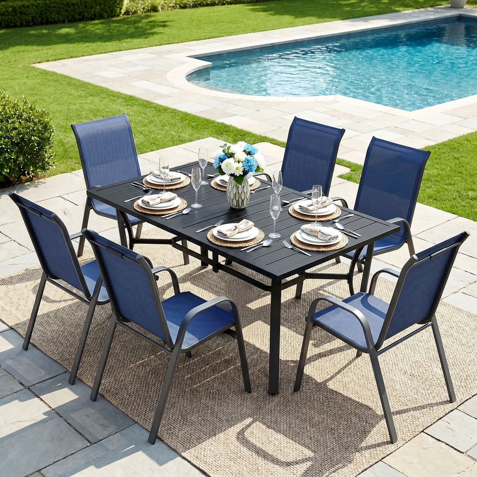 TLSUNNY Outdoor Furniture Set of 7, Outdoor Patio Dining Set W/ Umbrella Hole, 6 Stackable Chairs for Backyard (Umbrella Not Included)
