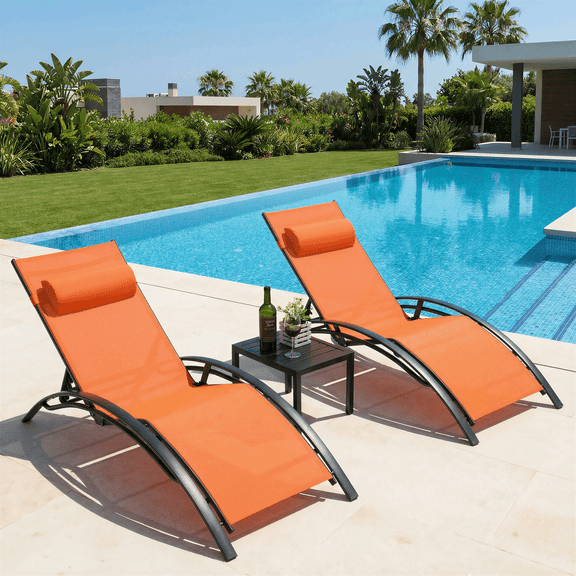 TLSUNNY Patio Chaise Lounge Set of 3, Outdoor Adjustable Chaise Lounge, W/ Removable Headrest, for Backyard, Pool, Patio Tanning