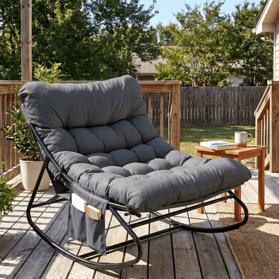 TLSUNNY Outdoor Oversized Papasan Rocker Chair, Comfy Patio Rocking Chair, Indoor Rocking Egg Chair with Side Pocket, Cushion for Bedroom, Living Room, Front Porch