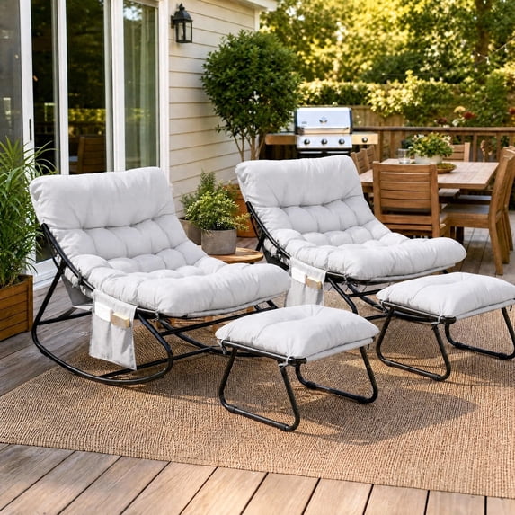 TLSUNNY Outdoor Papasan Rocking Chair with Ottoman for 2, Patio Lounge Chair W/ Cushion, Side Pocket, Sturdy Metal Frame, Patio Rocker Chair for Balcony, Backyard, Porch, Bedroom