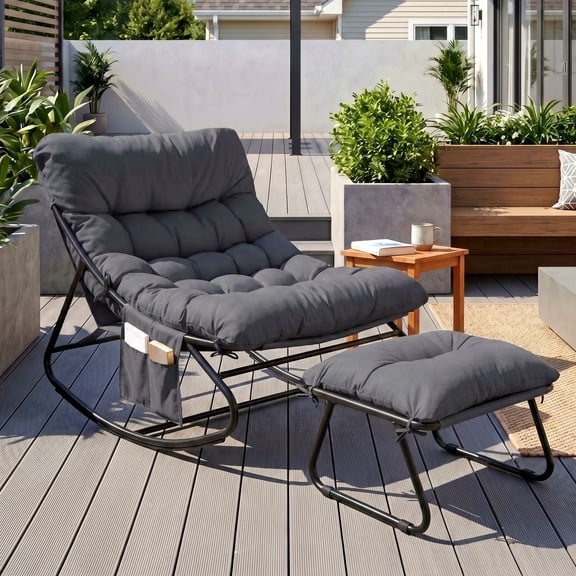 TLSUNNY Outdoor Papasan Rocking Chair with Ottoman, Patio Lounge Chair W/ Cushion, Side Pocket, Sturdy Metal Frame, Patio Rocker Chair for Balcony, Backyard, Porch, Bedroom