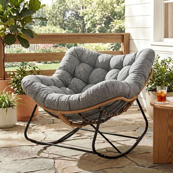 TLSUNNY Outdoor Papasan Rocking Chair, Oversized Padded Rocker with Cushion, Comfy Wicker Egg Lounge Chair, Large Indoor Recliner for Living Room/Porch/Garden
