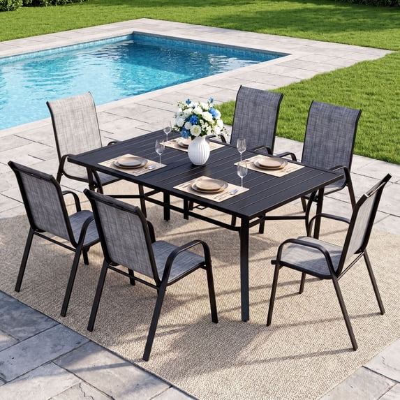 TLSUNNY Outdoor Patio Dining Set for 6-Person, Rectangle Iron Table & Textilene Chairs, W/ Adjustable Umbrella & Foot Pads, for Deck, Garden, Party