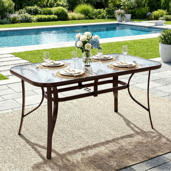 TLSUNNY Outdoor Patio Dining Table, W/ Umbrella Hole, Rectangular Glass Table, Outdoor Metal Furniture for Small Space