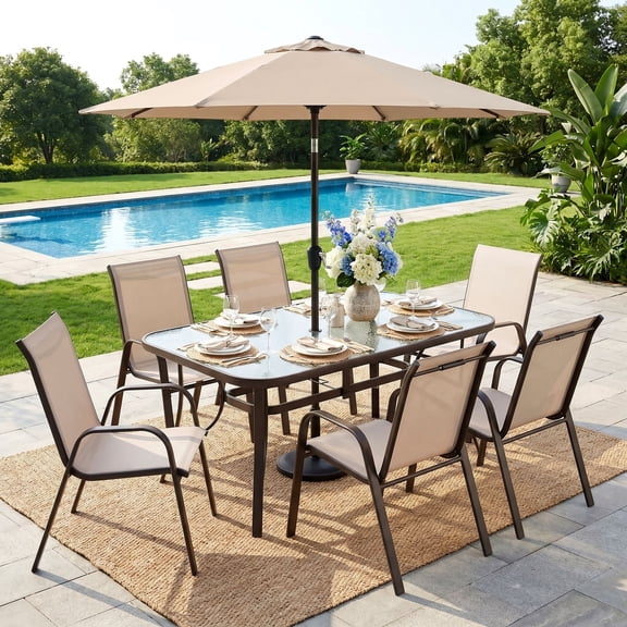 TLSUNNY Outdoor Patio Table and Chairs Set, Rectangular Glass Dining Table W/ Umbrella Hole & 6 Stackable Chairs, for Lawn, Poolside, Backyard (Umbrella Not Included)