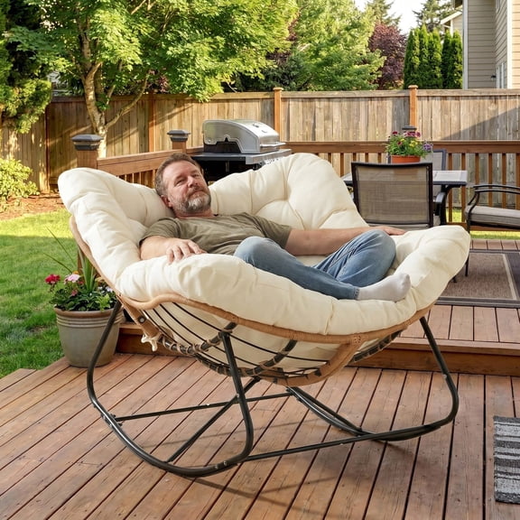 TLSUNNY Oversized Papasan Rocking Chair, Outdoor Comfy Wicker Reading Lounge, Indoor Egg Rocker Chair for Bedroom, Living Room, Lawn, 385 lbs