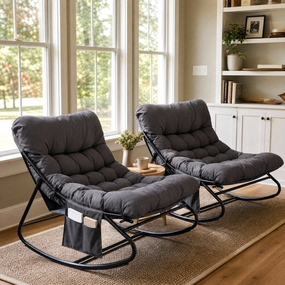 TLSUNNY Outdoor Rocking Chair Set of 2, Oversized Papasan Rocking Chair with Side Pocket, Thick Cushion, Indoor Outdoor Cozy Rocker for Balcony, Living Room, Patio