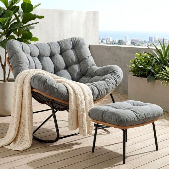 TLSUNNY Papasan Rocking Chair with Ottoman, Oversized Papasan Chair with Padded Cushion, Indoor & Outdoor Rocker Chair for Living Room, Patio, Garden, Gray