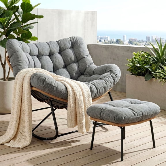 TLSUNNY Papasan Rocking Chair with Ottoman, Oversized Papasan Chair with Padded Cushion, Indoor & Outdoor Rocker Chair for Living Room, Patio, Garden, Gray