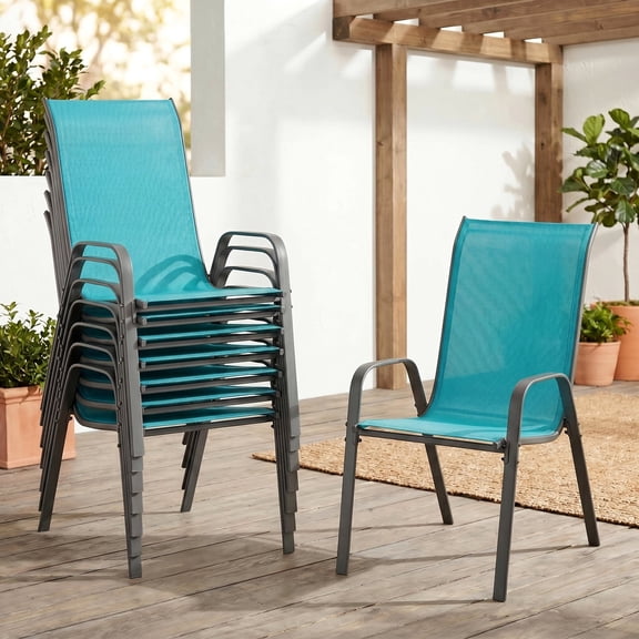TLSUNNY Outdoor Patio Chairs Set of 8, Stackable Dining Chairs, with Armrests, Heavy Duty Metal Frame, for Backyard/Pool Side/Deck