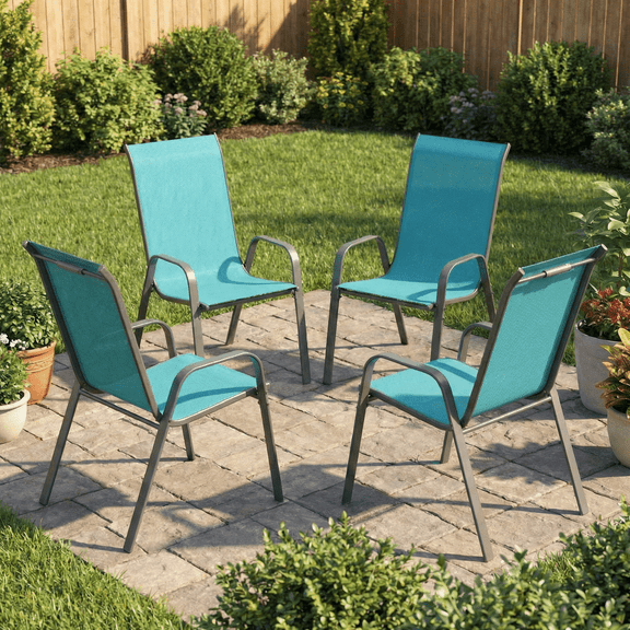 TLSUNNY Patio Dining Chairs Set of 4, Outdoor Stackable Dining Furniture w/ Wide Seat & Metal Frame, for Backyard, Porch, Garden