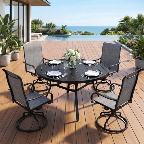 TLSUNNY Patio Dining Set of 5 on Sale, Outdoor 47.2" Round Metal Table and 360° Swivel Chairs, W/ Adjustable Umbrella Hole & Foot Pads (Rocking not Included)