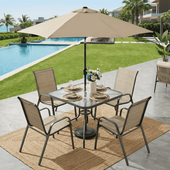TLSUNNY Outdoor Patio Dining Set of 5, Outdoor Furniture w/ Glass Table and 4 Stackable Chairs, for Lawn, Garden, Poolside, Backyard (Umbrella not Included)