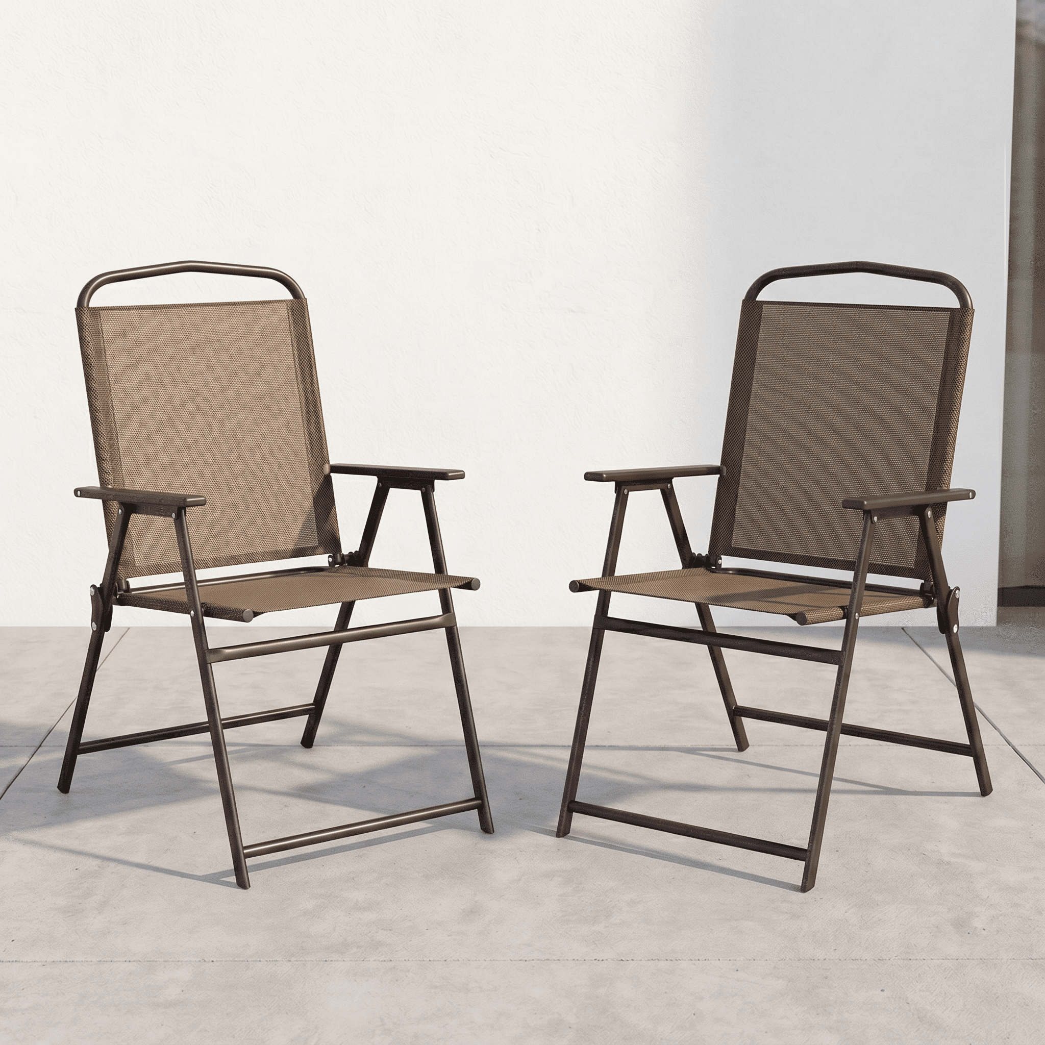 TLSUNNY Patio Foldable Chairs Set of 2, Dining Lawn Chairs, Outdoor Folded Furniture W/ Breathable Textilene, Armrests, for Deck, Garden, Pool