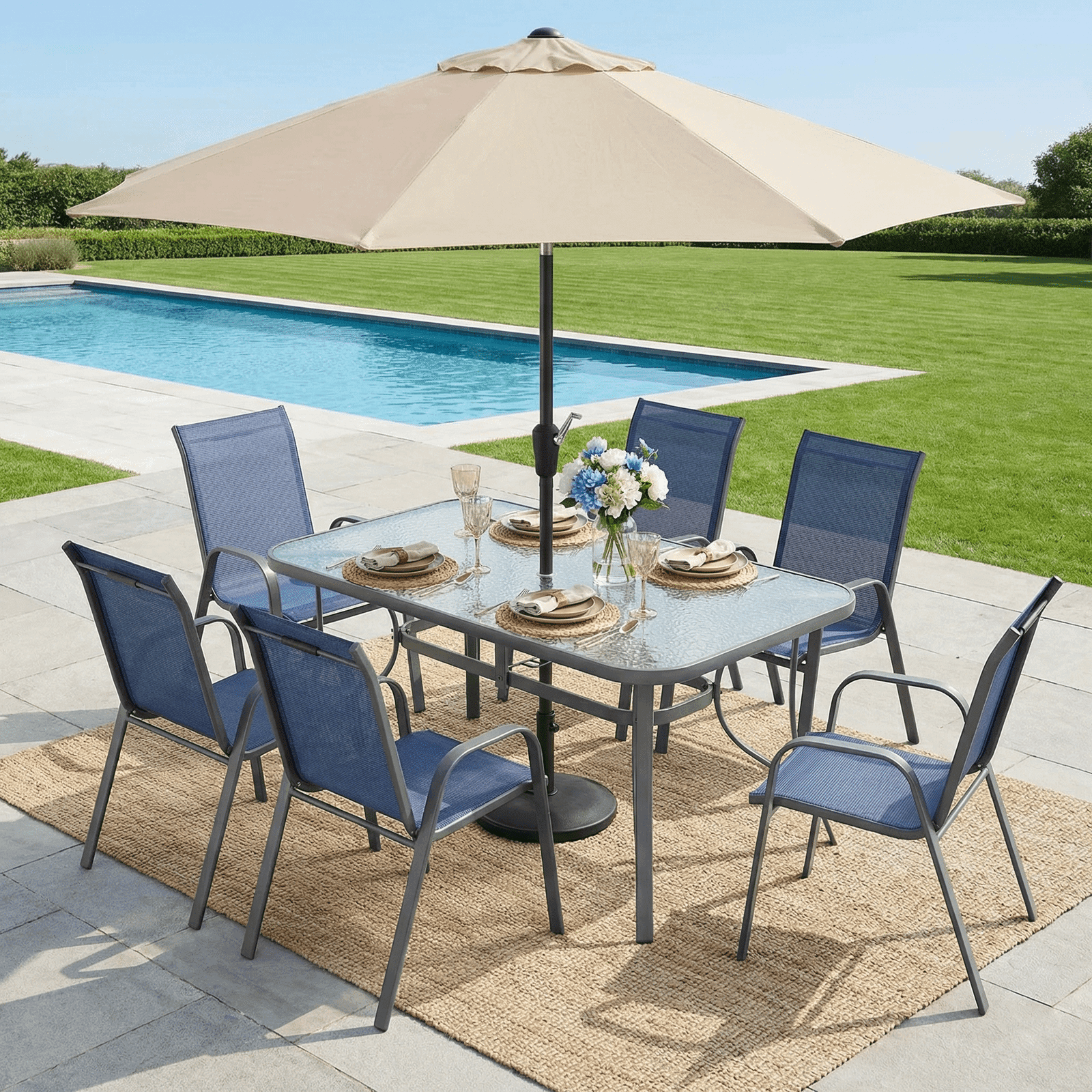 TLSUNNY Outdoor Dining Table and 6 Chairs Set, with 1.69″ Umbrella Hole, Tempered Glass Top, Stackable Chairs, for All Weather Garden, Party, Backyard