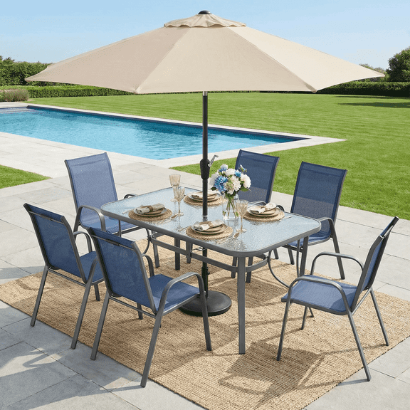 TLSUNNY Outdoor Dining Table and 6 Chairs Set, with 1.69″ Umbrella Hole, Tempered Glass Top, Stackable Chairs, for All Weather Garden, Party, Backyard