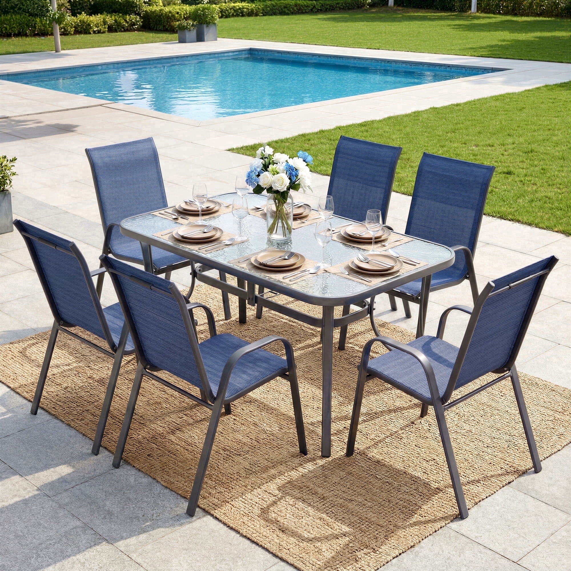 7 pc metal glass top patio table set with umbrella TLSUNNY Outdoor Dining Set of 7, Patio Furniture Set, Rectangular Glass  Table with Umbrella Hole and 6 Stackable Chairs, for Deck, Garden, Party