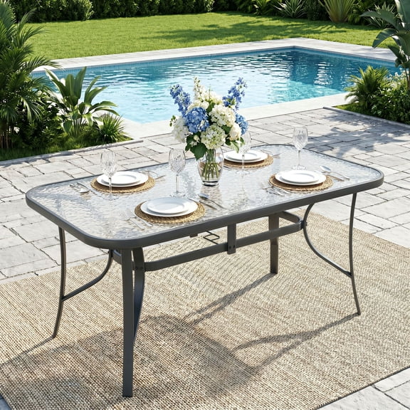 TLSUNNY Outdoor Patio Dining Table, w/ Umbrella Hole, Rectangular Tempered Glass Table for 6, Outdoor Metal Furniture, for Patio, Graden, Backyard