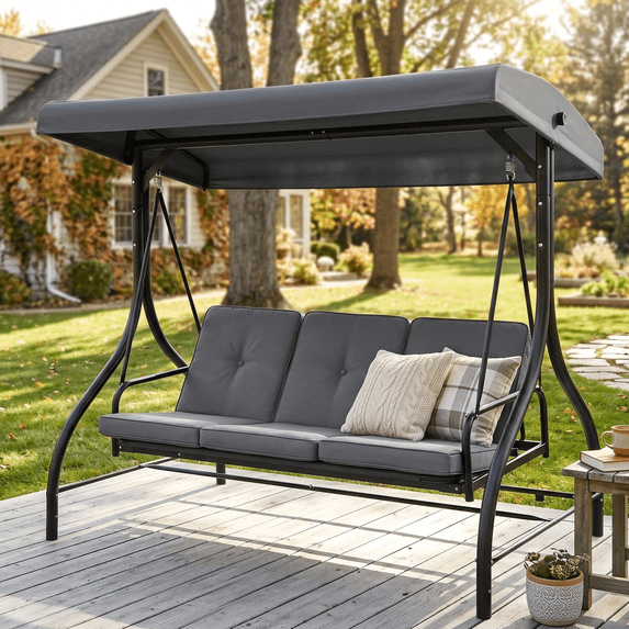 TLSUNNY Patio Swing with 45° Tilt Canopy & Removable Seat Cushion, Converting Heavy Duty 3-Person Glider Bed for Outdoor Lounging by Pool, in Yard