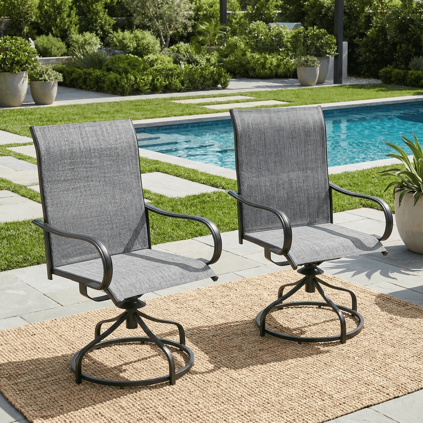 TLSUNNY Patio Swivel Dining Chairs Set of 2, 360° Swivel Outdoor Dining Chairs W/ High Back, Metal Frame, for Lawn, Garden, Deck (Table Not Included)