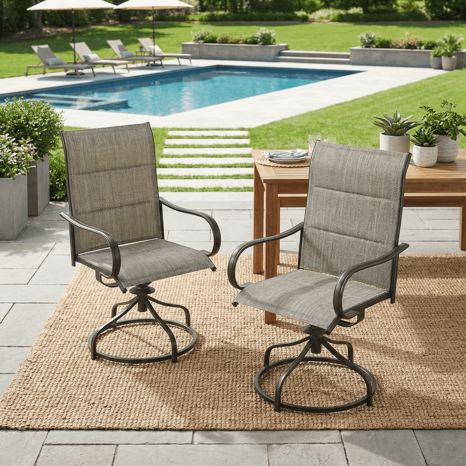 TLSUNNY Patio Padded Swivel Dining Chairs Set of 2, All Weather Outdoor Dining Chair W/ Padded Textilene, Black Metal Frame for Lawn/Garden/Pooside