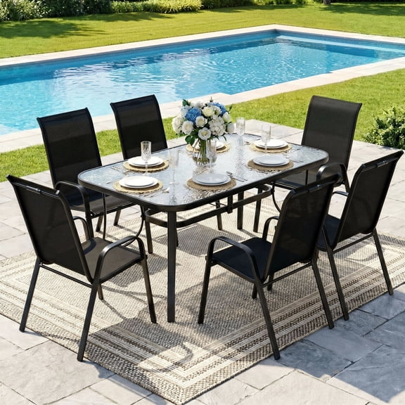 TLSUNNY Outdoor Dining Set, Patio Glass Table and 6 Chairs Set, w/ Umbrella Hole, Stackable Chairs, Outdoor Furniture for Backyard, Porch, Garden