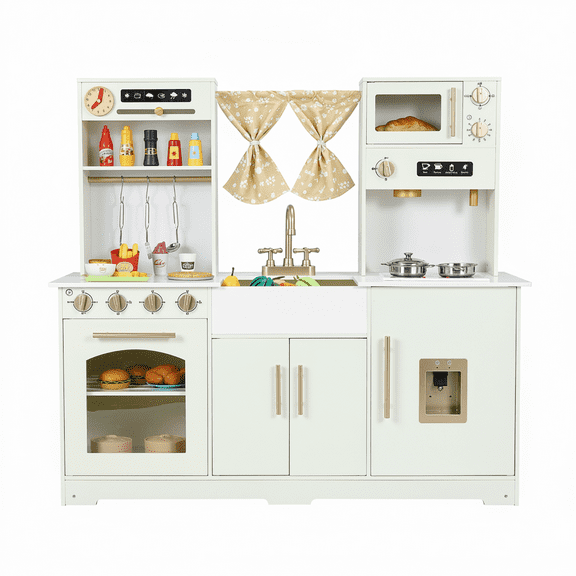 TLSUNNY Toddlers Play Kitchen, Kids Pretend Kitchen Set with Sound & Light, Stove, Curtain, Sink, Utensils, Gift for Boys & Girls 3+
