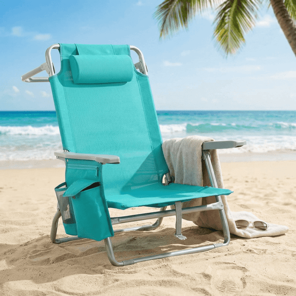 TLSUNNY Portable Beach Chair for Adults, Outdoor Camping Chair Lay Flat Folding Backpack Beach Reclining Chair W/ 5 Positions, Headrest, Cup Holder