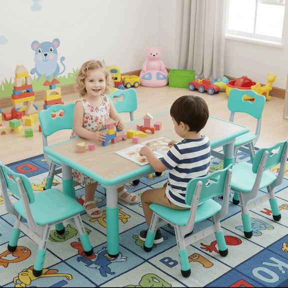 TLSUNNY Kids Preschool Table and 6 Chairs Set, Adjustable Height Kids Activity Table with Graffiti Top for Daycare Classroom Ages 3+, Green
