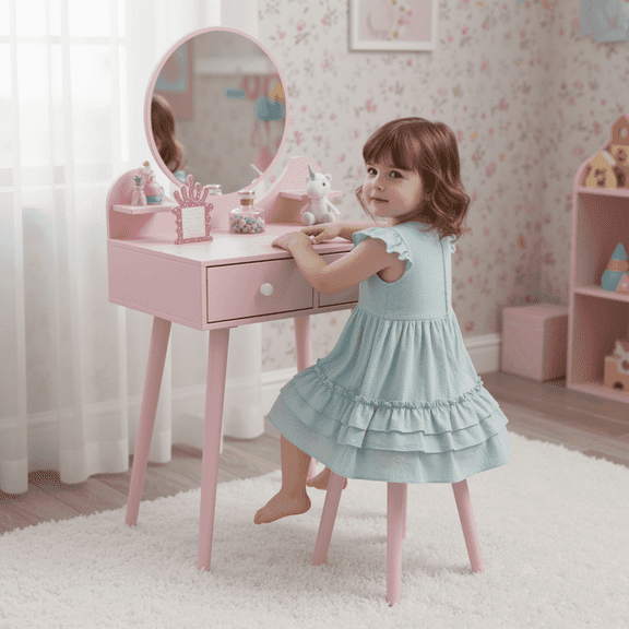 TLSUNNY Kids Princess Vanity Set, Toddlers Wooden Makeup Table & Stool with Drawer, Mirror, Detachable Top,  for Little Girls