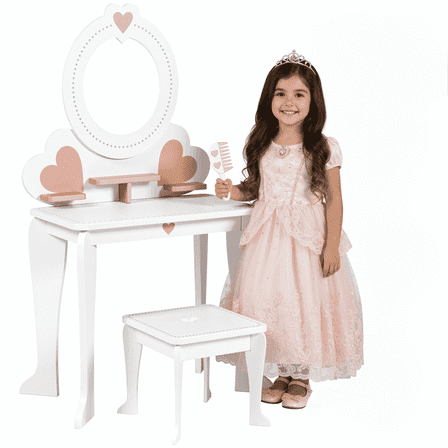 TLSUNNY Kids Princess Vanity Set, Make Up Table and Stool Play Set for Girls, Toddler Wooden Makeup Toys with 8 Pcs Accessories for Pretend Play