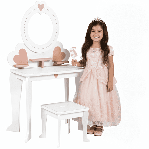 TLSUNNY Kids Princess Vanity Set, Make Up Table and Stool Play Set for Girls, Toddler Wooden Makeup Toys with 8 Pcs Accessories for Pretend Play