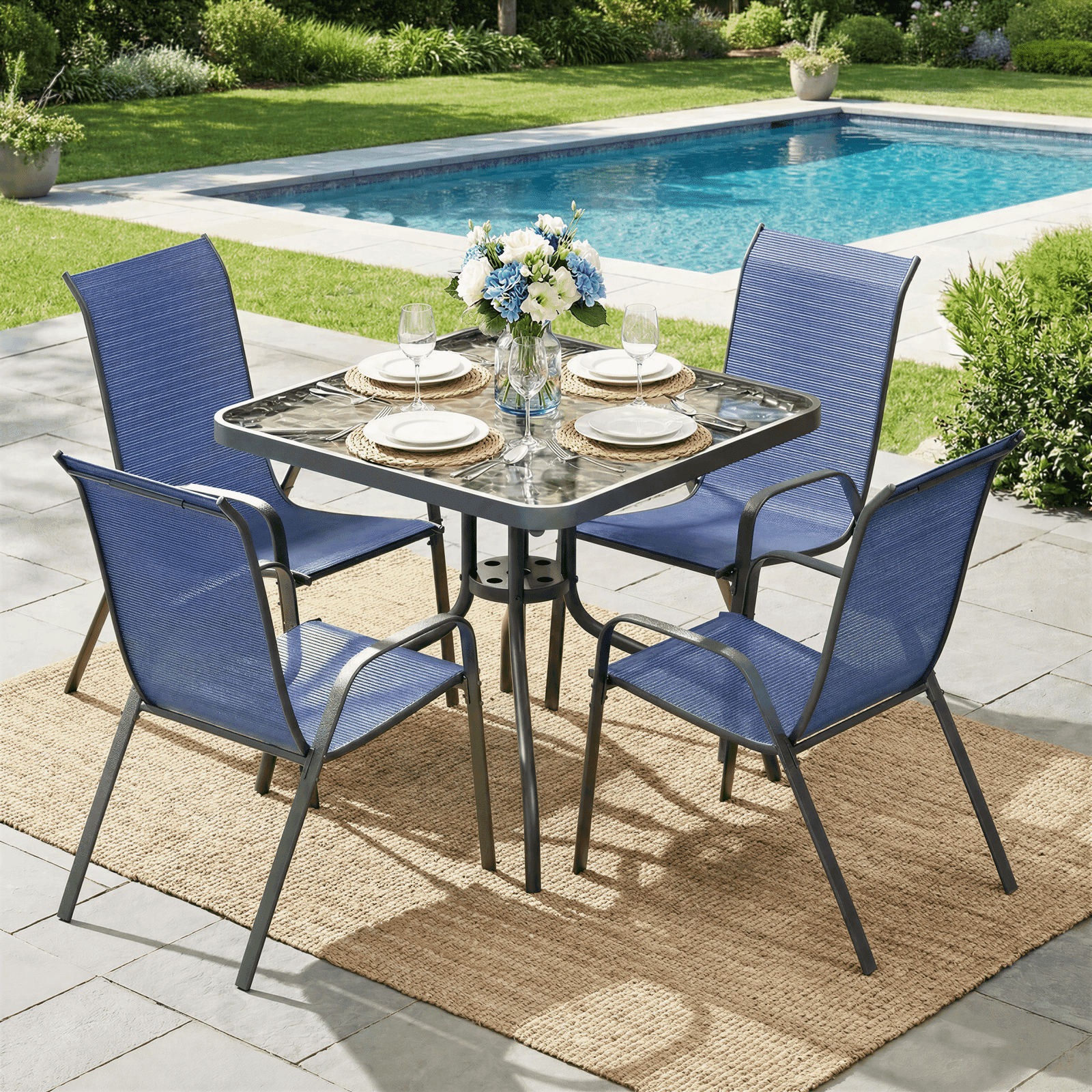 TLSUNNY Outdoor Patio Dining Set of 5, Square Glass Table with Umbrella ...