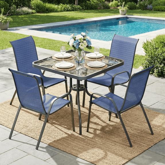 TLSUNNY Outdoor Patio Dining Set of 5, Square Glass Table with Umbrella Hole & 4 Stackable Chair Set, All-Weather for Lawn, Garden, Backyard (Umbrella not Included)
