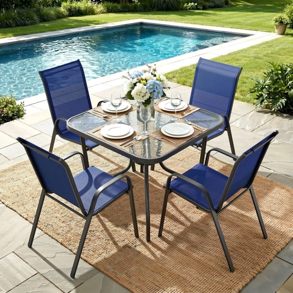 TLSUNNY Outdoor Patio Dining Set of 5, Square Glass Table with Umbrella Hole & 4 Stackable Chair Set, All-Weather for Lawn, Garden, Backyard (Umbrella not Included)