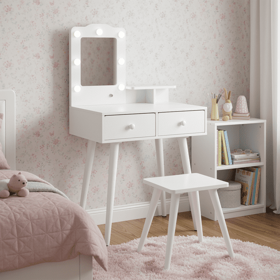 TLSUNNY Toddler Princess Vanity Set with Lights, Wooden Makeup Table and Chair with Mirror and 2 Storage Drawers, Gift for Little Girls