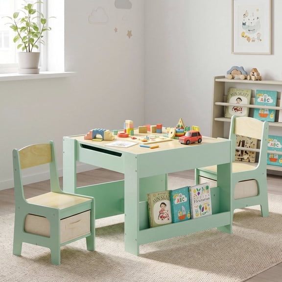 TLSUNNY Toddler Table and 2 Chairs Set, 4-in-1 Wooden Activity Table, Blackboard, Reversible & Detachable Tabletop, Bookshelf, for Home/Playroom