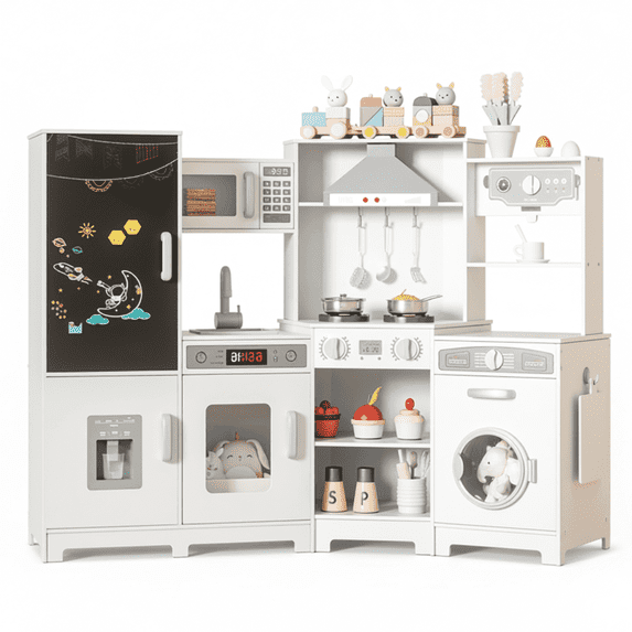 TLSUNNY Toddler Wooden Play Kitchen, with Chalk Board, Washer Dryer, Stove Sound & Range Hood, Cookware for Kids Ages 3+