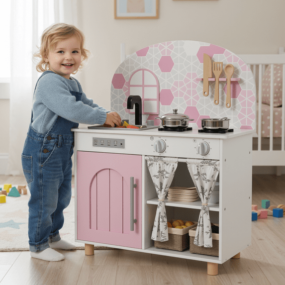 TLSUNNY Toddlers Wooden Play Kitchen, Pretend Kitchen with Sink, Stove & 5 Accessories, Interactive Wooden Toy Set, Gift for Ages 3+