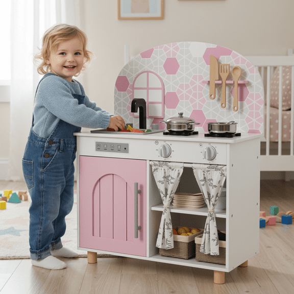 TLSUNNY Toddlers Wooden Play Kitchen, Pretend Kitchen with Sink, Stove & 5 Accessories, Interactive Wooden Toy Set, Gift for Ages 3+