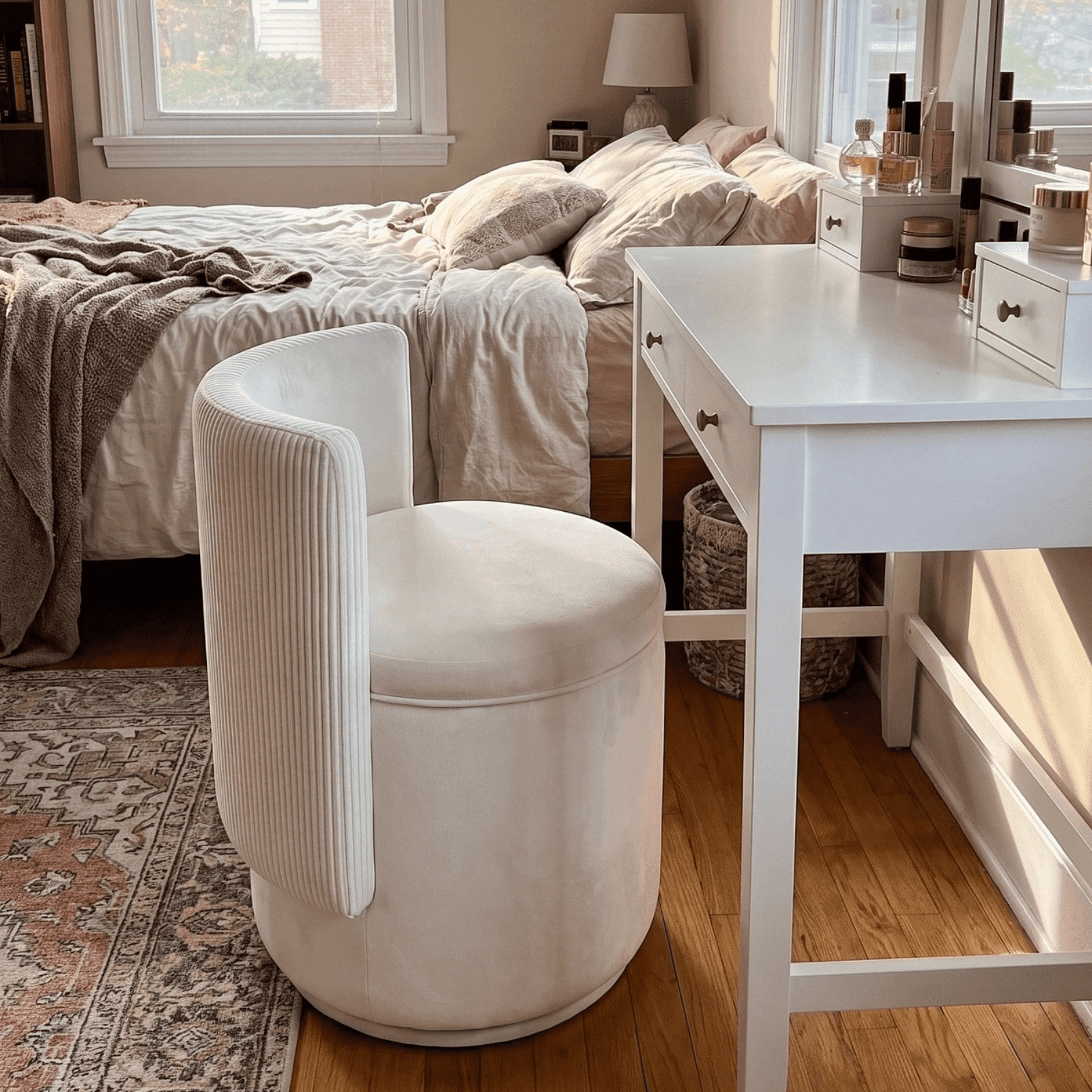 beige dressing table chair TLSUNNY Velvet Vanity with Storage, 360° Swivel Makeup Stool with Wave Back, Small Accent Stool for Bedroom, Dressing, Living Room, Dresses_Mini Save with Multi-Packs:1 Pair Underpinning this beauty is After Hours Polka Dot