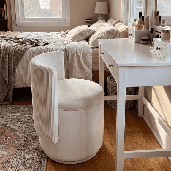 TLSUNNY Velvet Vanity Chair with Storage, 360° Swivel Makeup Stool with Wave Back, Small Accent Stool for Bedroom, Dressing, Living Room, Beige