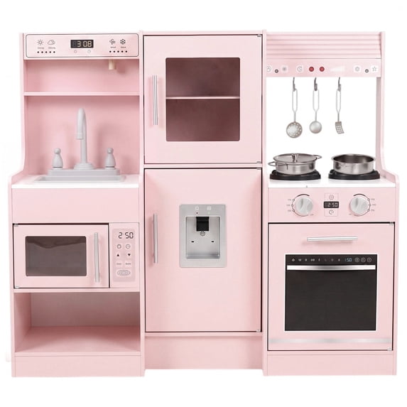 TLSUNNY Wooden Play Kitchen for Kids, Realistic Water Dispenser & Hood w/Lights & Sounds, Sink, Stove, Oven, Microwave