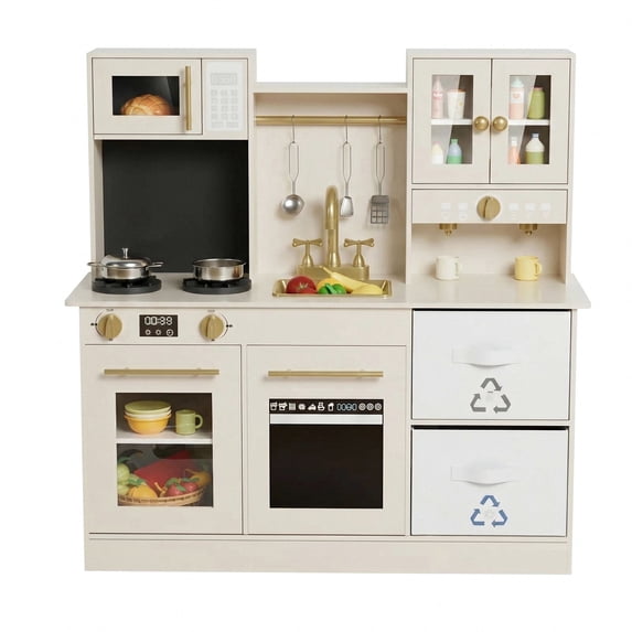 TLSUNNY Wooden Play Kitchen for Toddlers, Pretend Kitchen Playset with Real Lights, Sounds, Sink, Microwave & Storage for Ages 3+ , Beige