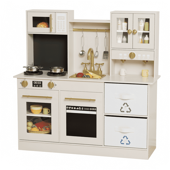 TLSUNNY Wooden Play Kitchen for Toddlers, Playset with Real Lights, Sounds, Sink, Microwave & Storage for Ages 3+ , Beige